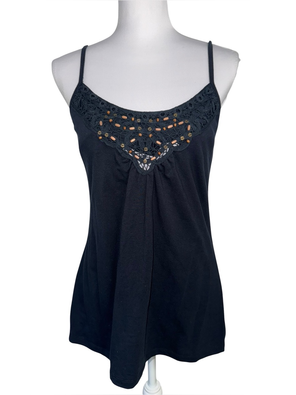 Sonoma Life + Style Women’s L Black Beaded Crochet Lace Cami Tank Top‎ Y2K Boho